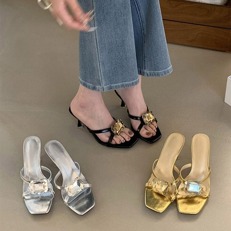 2026 Summer New Korean Style Stiletto Heel Slides For Women, Rhinestone Open Toe High Heel Mules, Dressy Sandals For Ladies