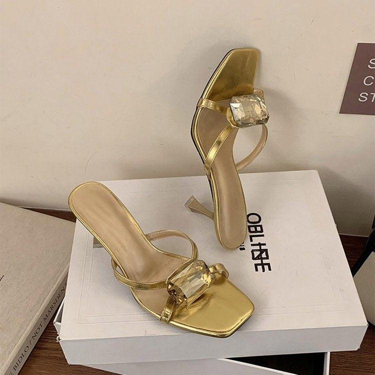 2026 Summer New Korean Style Stiletto Heel Slides For Women, Rhinestone Open Toe High Heel Mules, Dressy Sandals For Ladies