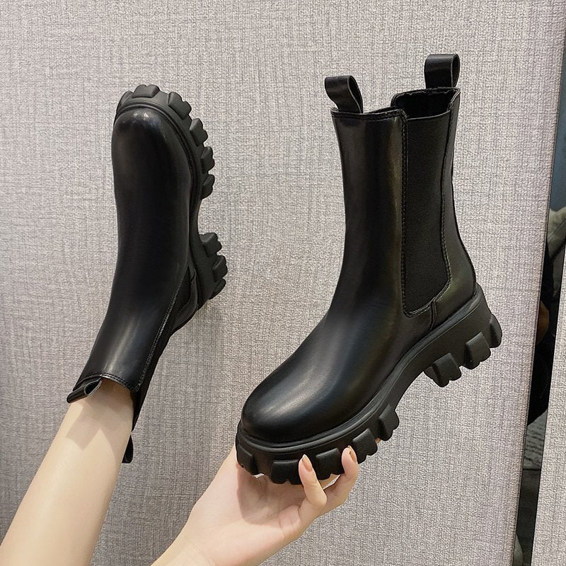 British Style Mid Calf Boots for Women - Autumn Winter Thick Sole Chunky Heel Ankle Boots