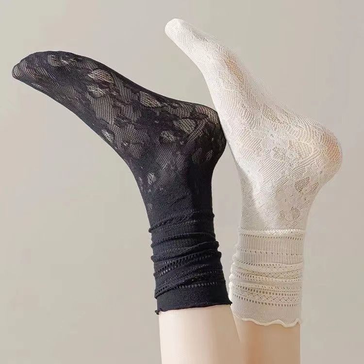 Coquette Floral Lace Mesh Crew Socks, Ruffle Cuff Sheer Slouch Socks, Women's Breathable Casual Socks For Summer & Mary Janes