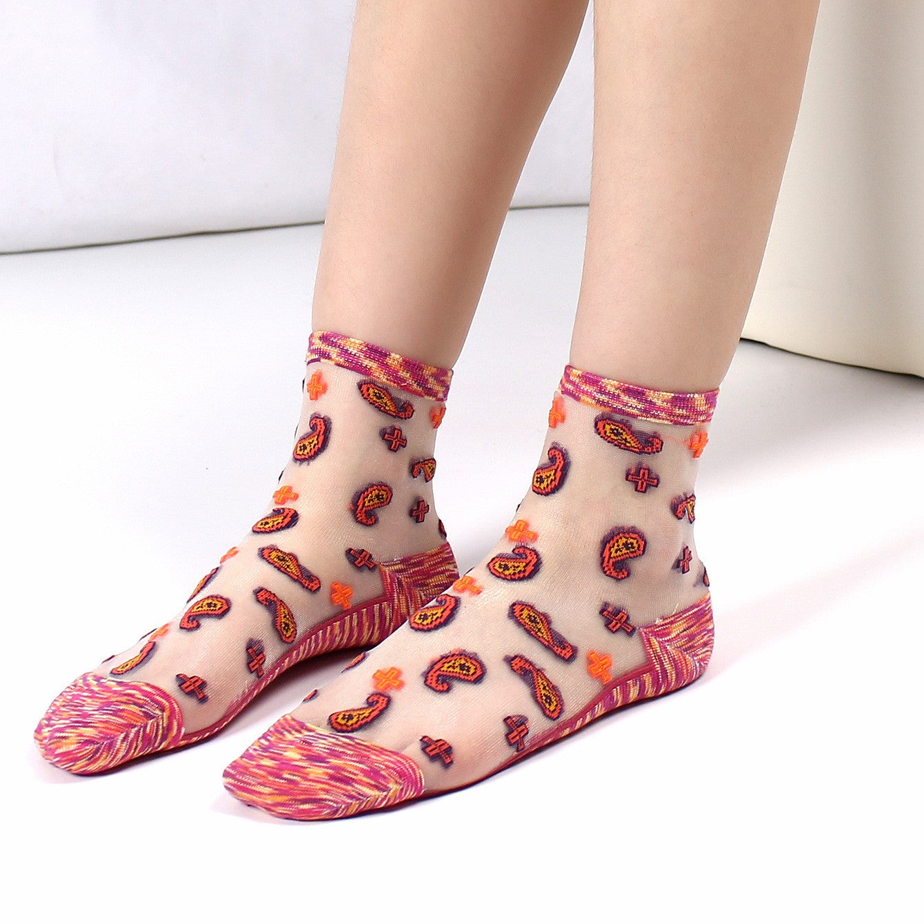 Summer Ultra-thin Crystal Silk Short Socks, Glass Fiber Retro Flower Transparent Breathable Sexy Socks, Cotton Bottom Women's Socks