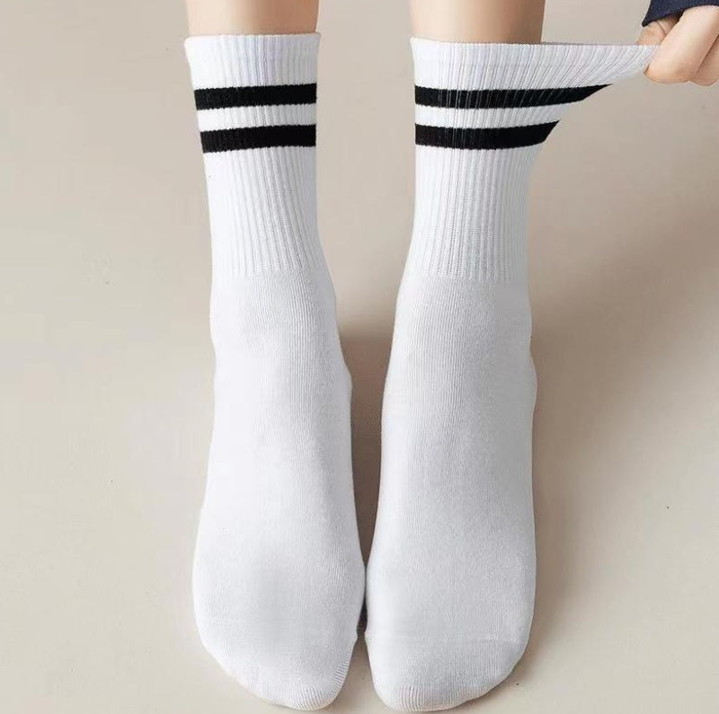 Women's Classic Black & White Striped Crew Socks, Basic Solid & Double Line Ribbed Knit Socks, Casual Sporty Mid-Calf Socks For Daily Wear