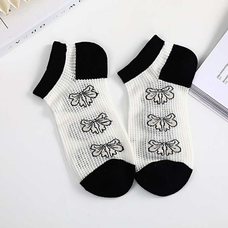5pairs Summer Breathable Mesh Short Socks, Black And White Shallow Mouth Short Socks, Women's Casual Versatile Short Socks