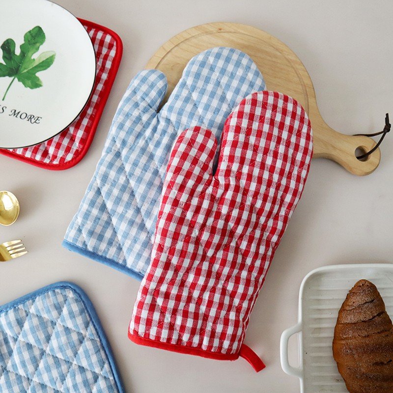 Cotton Yarn-dyed Plaid Baking Gloves Scald Preventing Met
