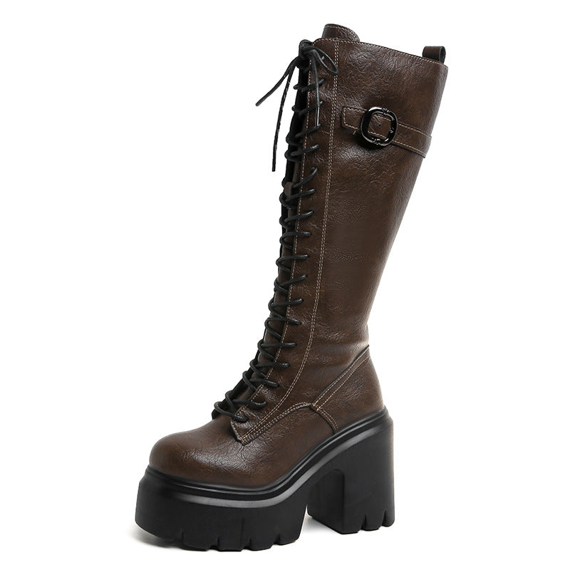 Womens Versatile High-heeled Round-toe Lace-up Over-the-knee Boots