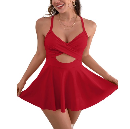 Cutout Sling Bikini Chest Pad Skirt One-piece Swimsuit
