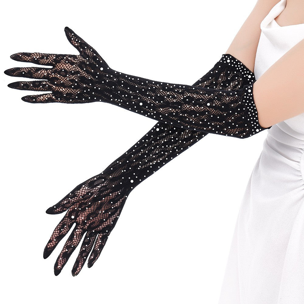Hot Stamping Sexy Seductive Long Gloves Lace Mesh Five Finger Thin Leopard Print Gloves Dinner Party