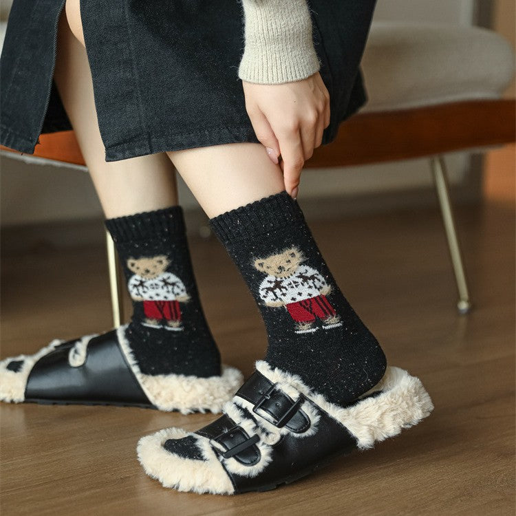 Cute Bear Print Ribbed Crew Socks, Warm Winter Casual Knit Socks For Women, Cozy Soft Neutral Color Socks