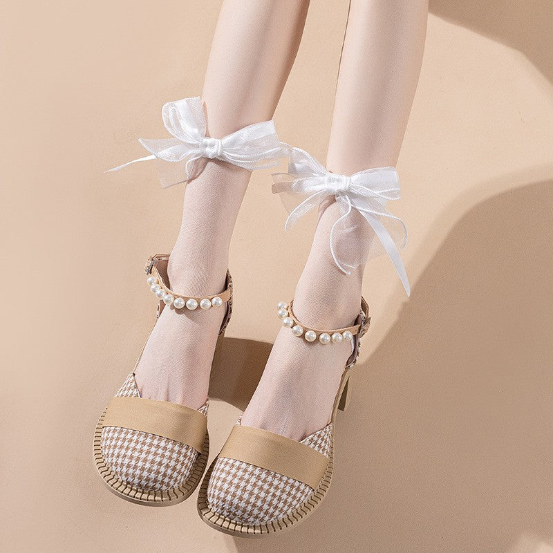 Ultra Thin Glass Fiber Polka Dot Bow Socks, Card Silk Transparent Girls' Pile Socks