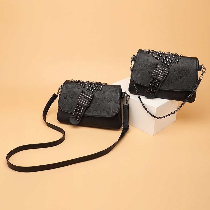 Womens Rivet Embossed Black Skull Shoulder Crossbody Bag