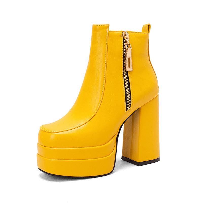Womens European And American-style Square-toe Chunky-heel Ankle Boots