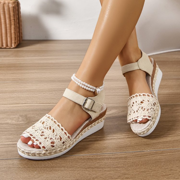 Straw-woven Wedge Sandals Womens Summer Platform Thick-soled Waterproof High Heels