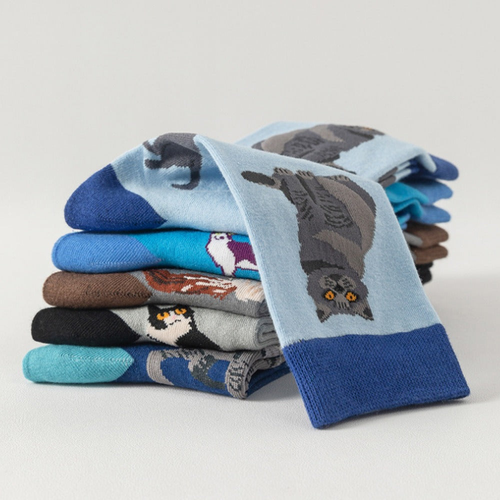 Cute Cat Print Crew Socks, Colorful Kitten & Yarn Ball Pattern Knit Socks, Women's Casual Novelty Socks For Daily Wear & Cat Lovers