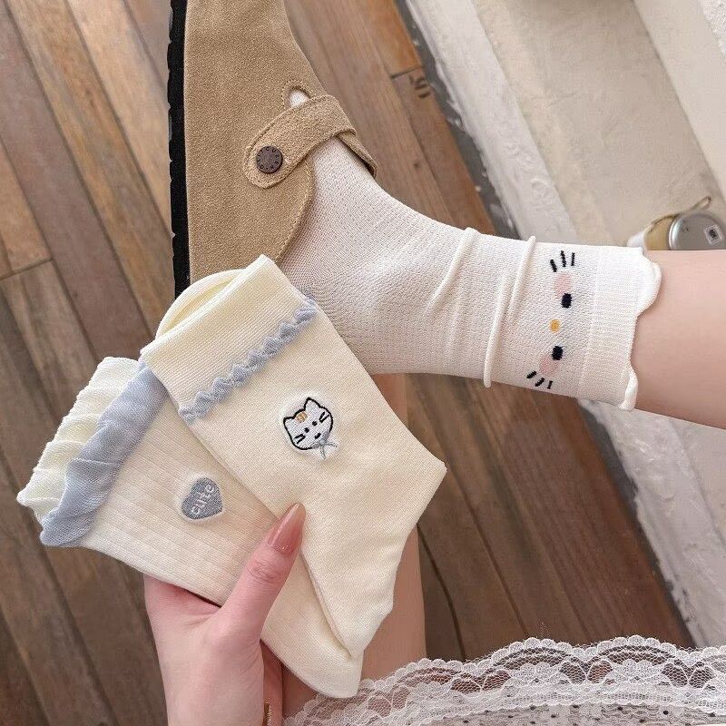 Cute Cat Embroidery Crew Socks, Coquette Ruffle Trim Pastel Socks, Women's Breathable Mesh Knit Socks For Spring & Summer