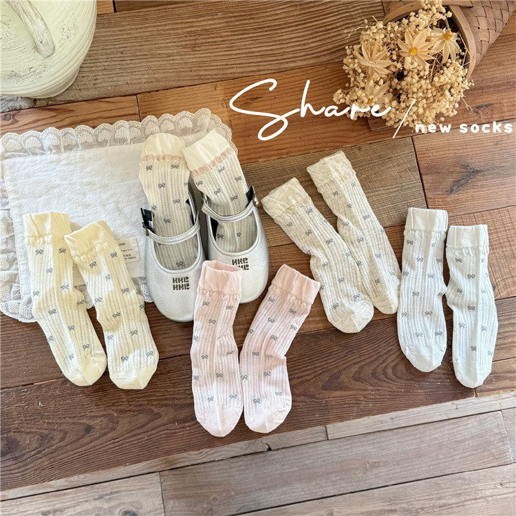 5pairs Summer New Children's Socks With Loose Mouth Lace Bow, Mid Tube Socks, Mesh Princess Socks
