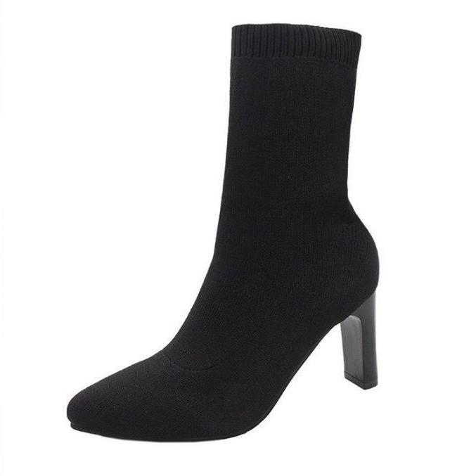 Womens Stretchy Chunky-Heel Square-Toe Suede Skinny Boots