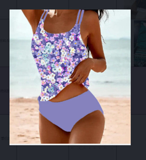 Retro Split High Waist Bikini Beach Print Strap Swimsuit