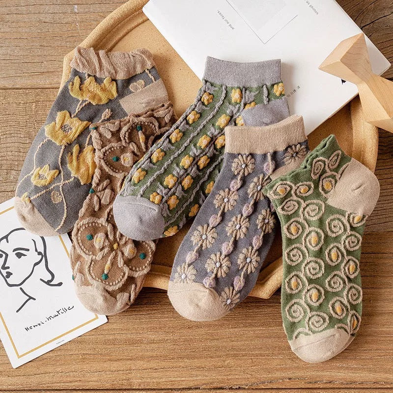 Vintage Floral Embroidery Ankle Socks, Retro Cottagecore Knit Socks With Flower Pattern, Cute Low-Cut Socks For Women