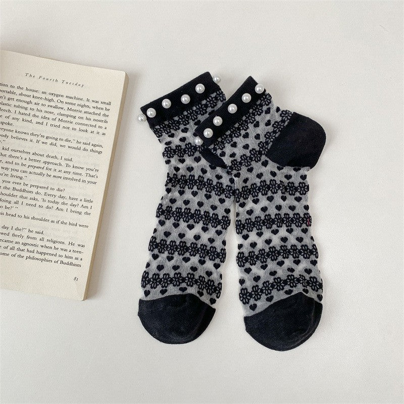 5 Pairs Of New Pearl Card Silk Thin Boat Socks, Small Flower Glass Silk Casual Women's Socks