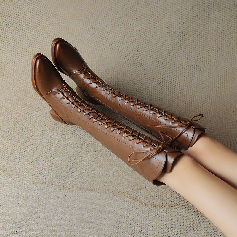 Brown Womens New Pointed-toe High-heeled Mid-calf Leather Boots