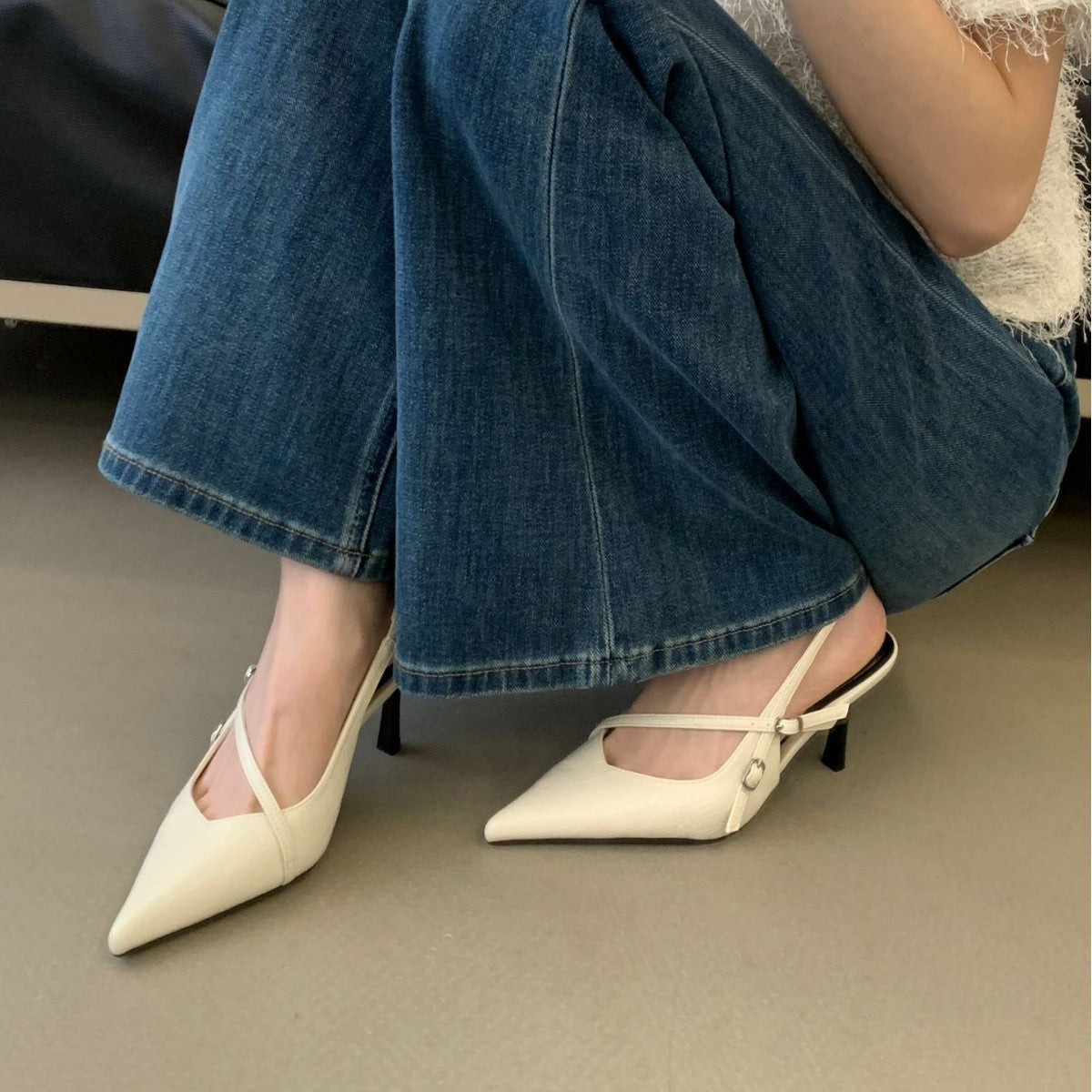 French Elegant Mature Pointed Toe Closed-Toe Backless Sandals, Women One-Strap New Arrival Stiletto Heel Shallow Mouth Sandals