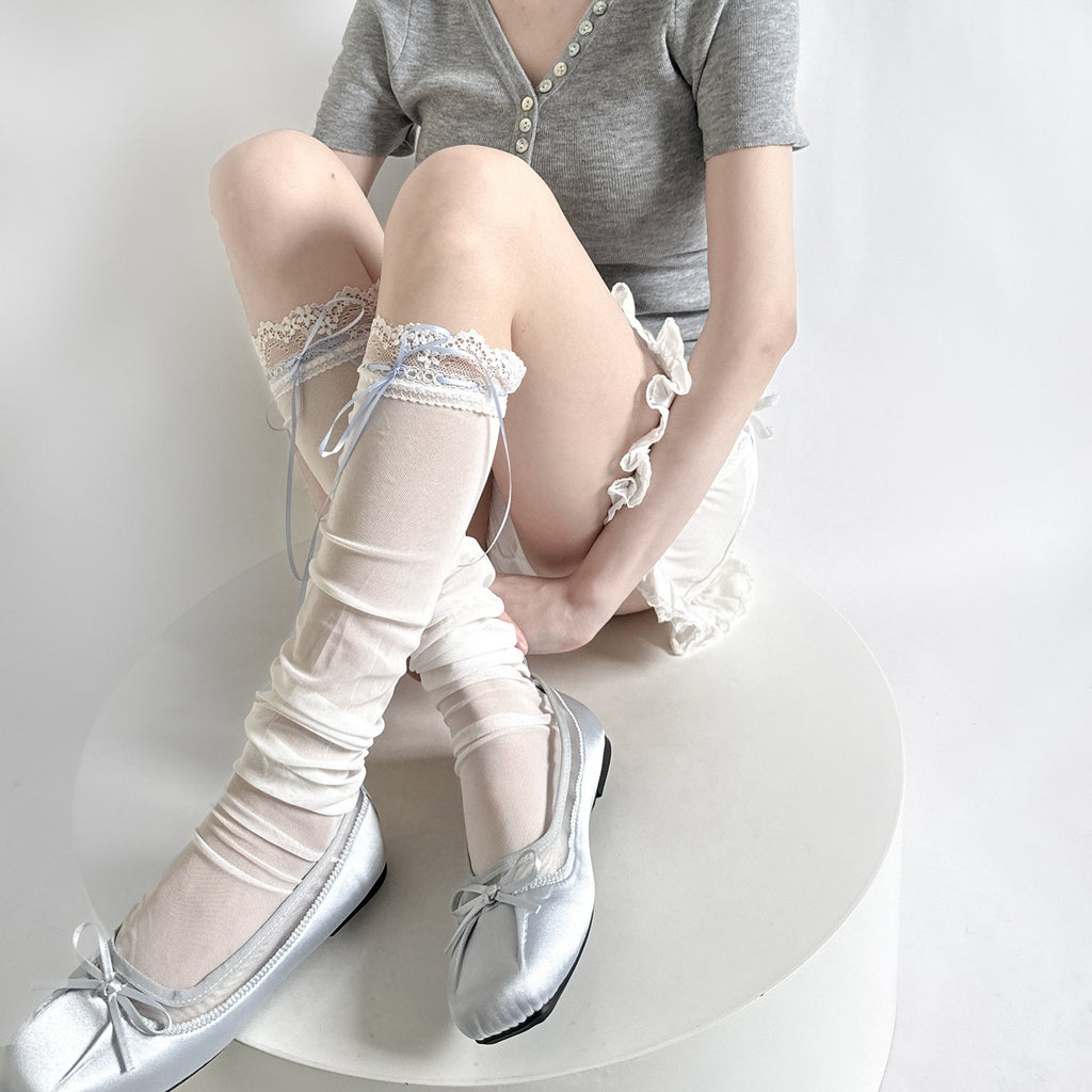Spring Summer Thin White Lace Lace Mesh Stacked Leg Socks Sweet Rope Strap Bow Over Knee Socks