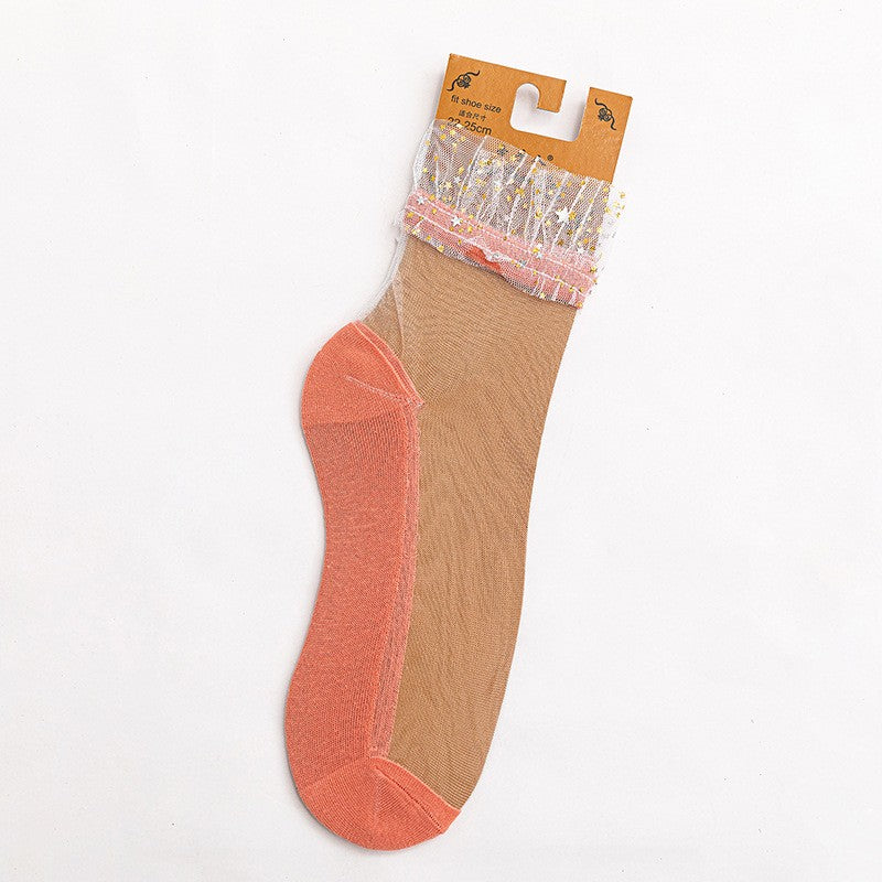 Star Chiffon Short Socks For Women, Ultra-thin Transparent Glass Fiber Starry Crystal Socks