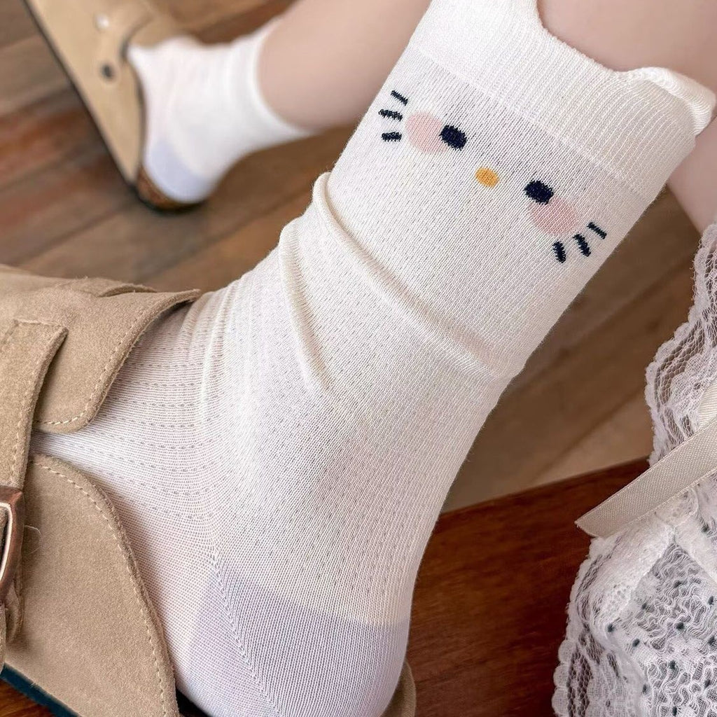 Cute Cat Print Mesh Crew Socks, Coquette Slouch Knit Socks With Cat Embroidery, Women's Breathable Casual Socks For Sneakers & Summer