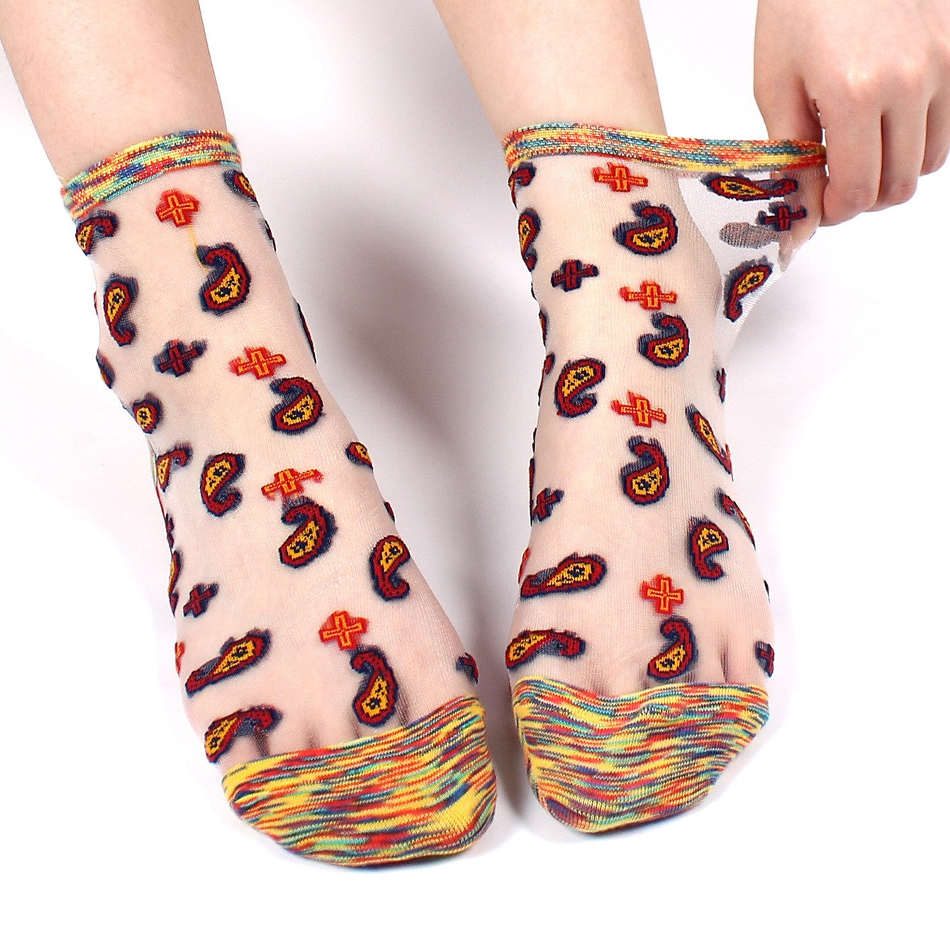 Summer Ultra-thin Crystal Silk Short Socks, Glass Fiber Retro Flower Transparent Breathable Sexy Socks, Cotton Bottom Women's Socks