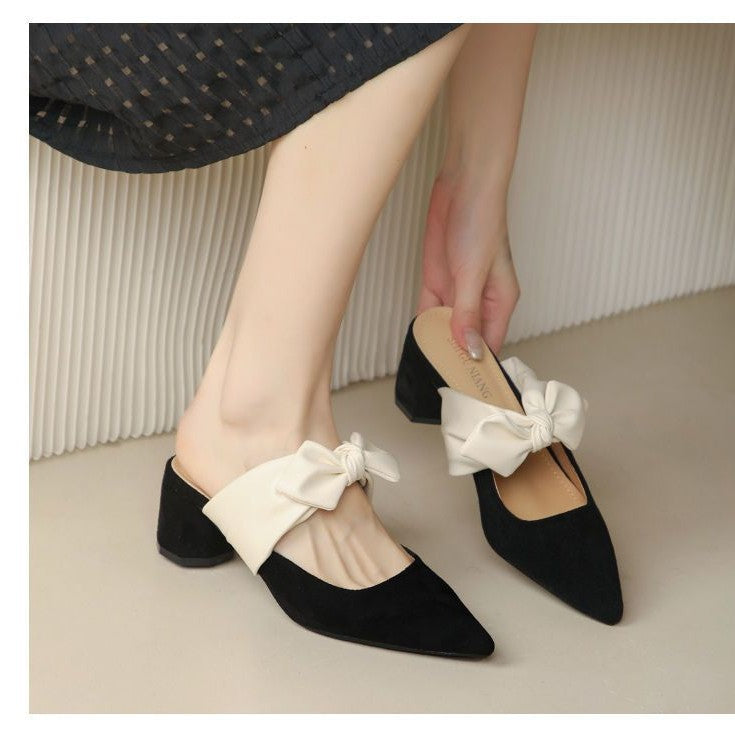 Chunky-heeled Pointed-toe French-style Soft High Heels