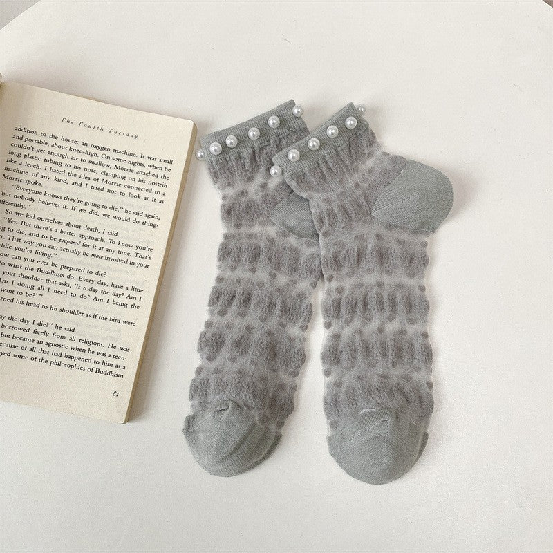5 Pairs Of New Pearl Card Silk Thin Boat Socks, Small Flower Glass Silk Casual Women's Socks