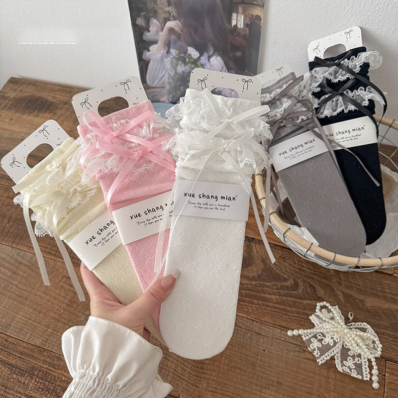Ballet Style Pile Socks Women's Spring And Summer Thin Lace Bow Korean Girls Calf Stockings