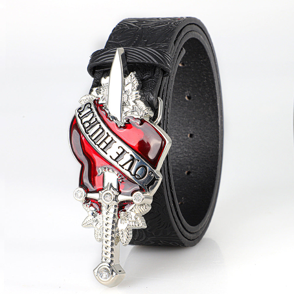 Punk-style Personalized Retro Embossed Heart-buckle A Versatile Edgy Goth Dark Leather Belt