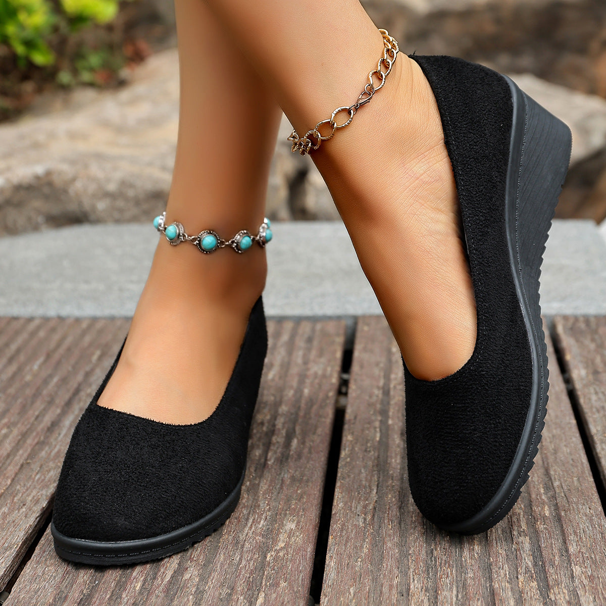 Shallow-toe Round-toe Slip-on Suede Wedge Shoes