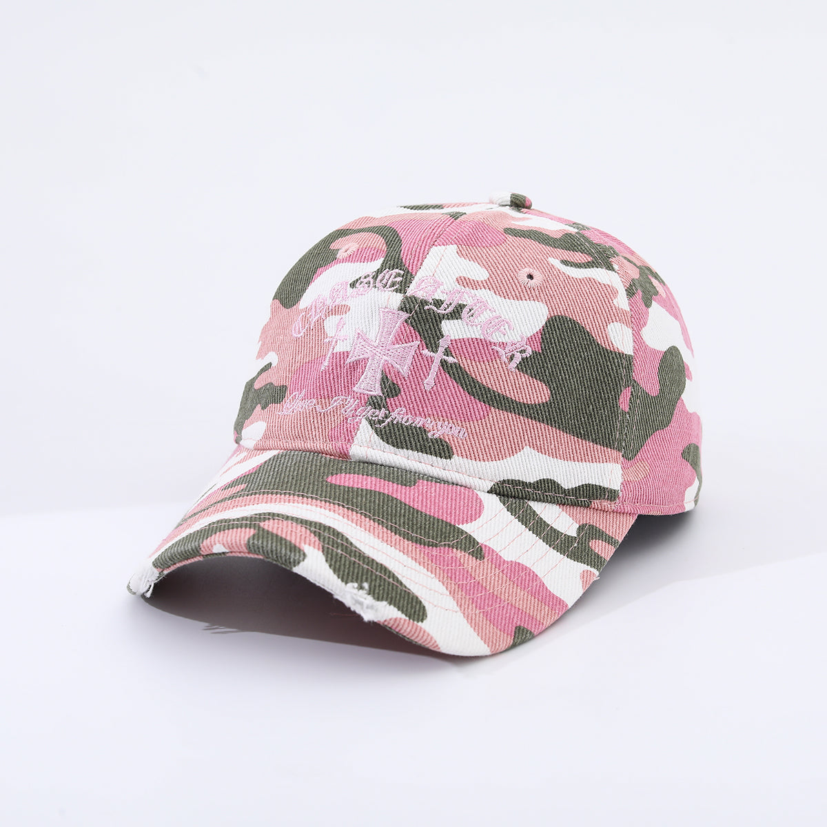 Pink Letter Cross-stitch Embroidered Beveled And Frayed Vintage Trend Baseball Cap Suitable For Street Dates, Shopping And Daily Wear