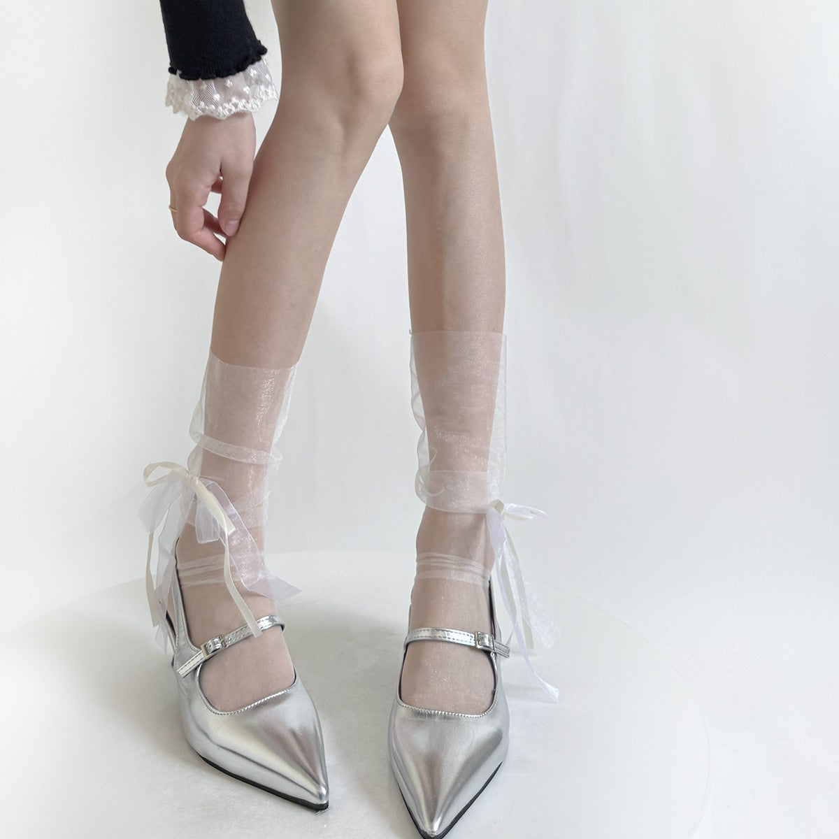 Black Ribbon Bow Socks For Children's Summer Ultra-thin Transparent Mesh Stockings, Mid Tube Socks, Ballet Style Pile Socks