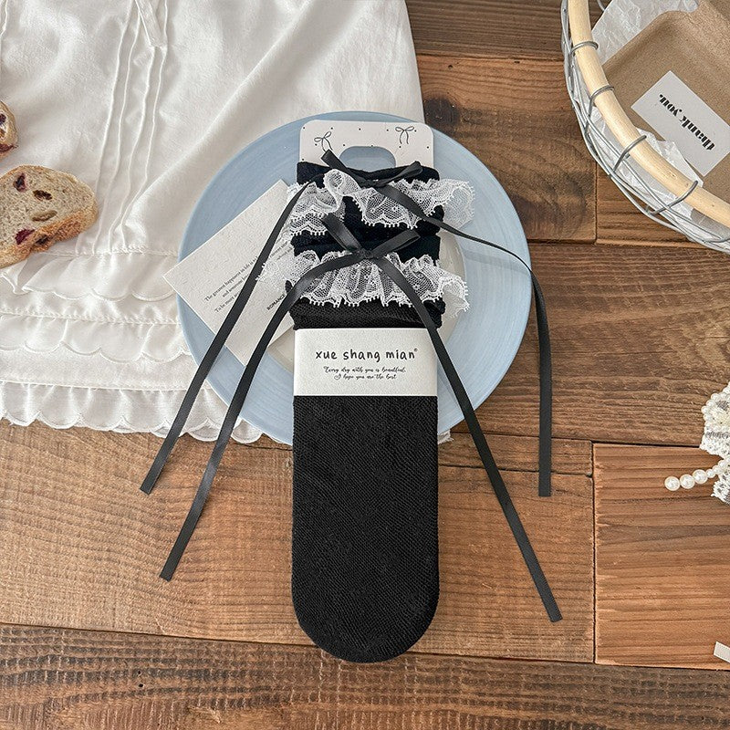 Ballet Style Pile Socks Women's Spring And Summer Thin Lace Bow Korean Girls Calf Stockings