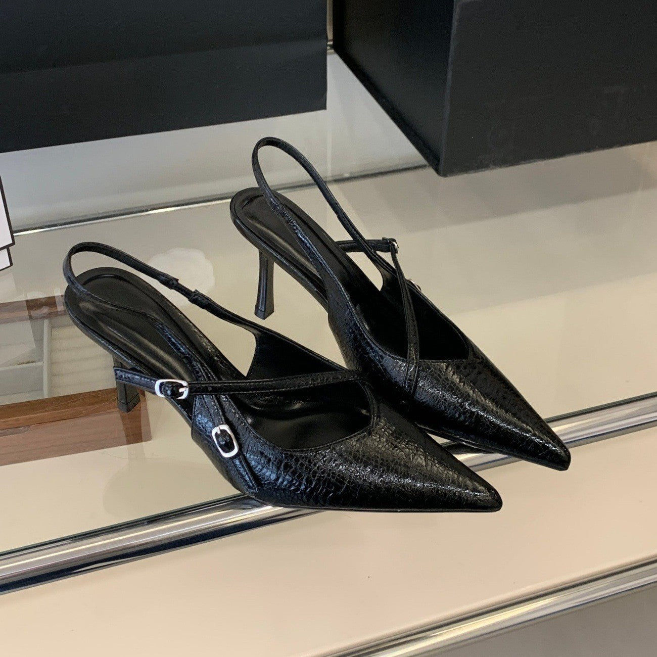 French Elegant Mature Pointed Toe Closed-Toe Backless Sandals, Women One-Strap New Arrival Stiletto Heel Shallow Mouth Sandals