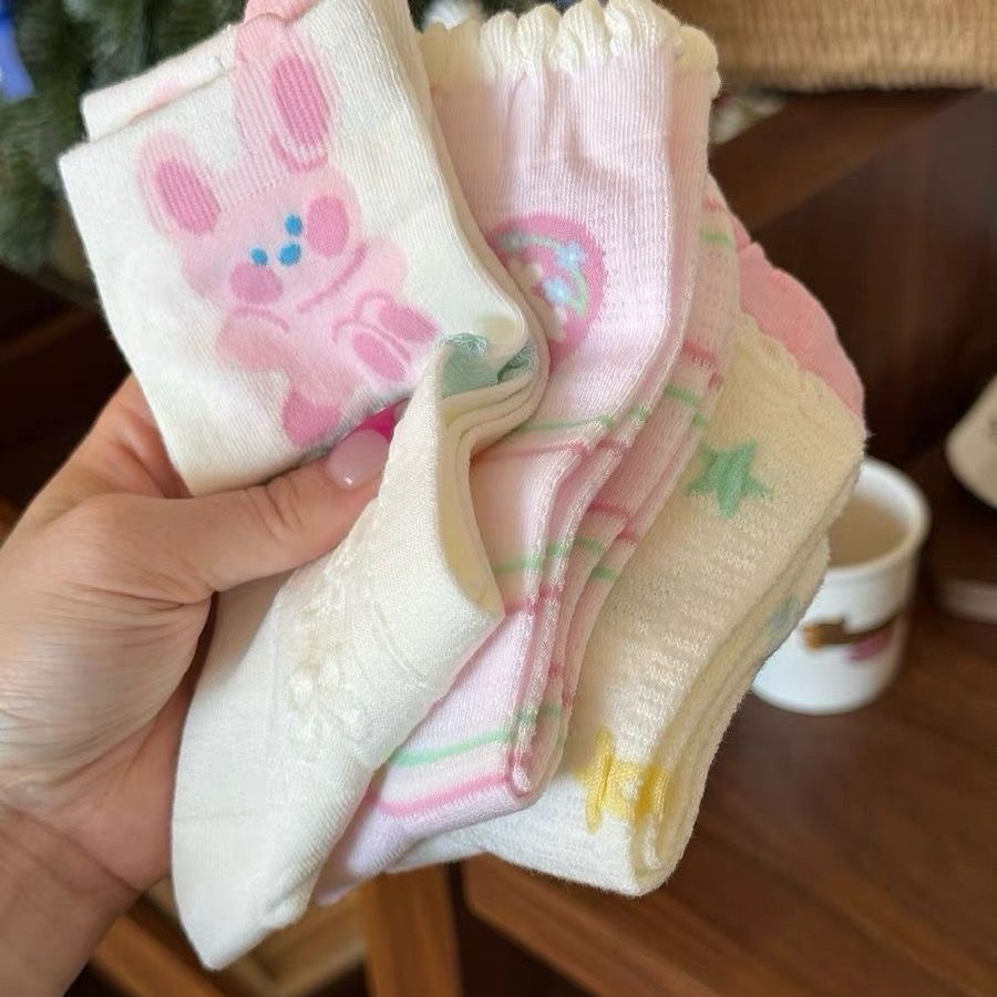 Coquette Cute Animal & Star Print Crew Socks, Ruffle Trim Pastel Knit Socks, Women's Sweet Casual Socks For Crocs & Summer