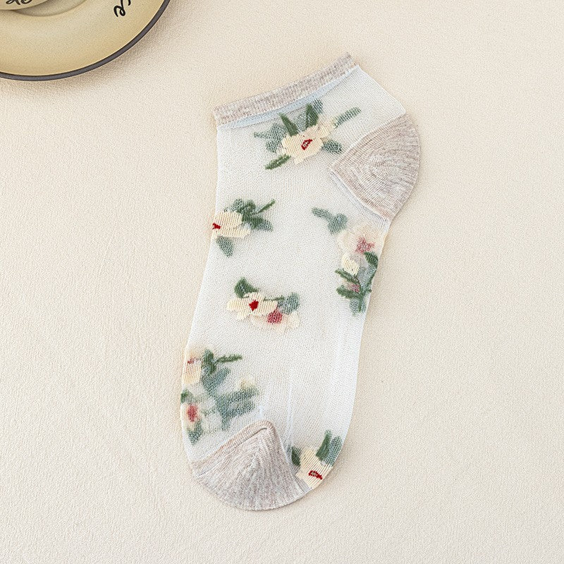 5pairs Spring Summer New Ship Socks Women's Flower Ship Socks Breathable Glass Fiber Ship Socks