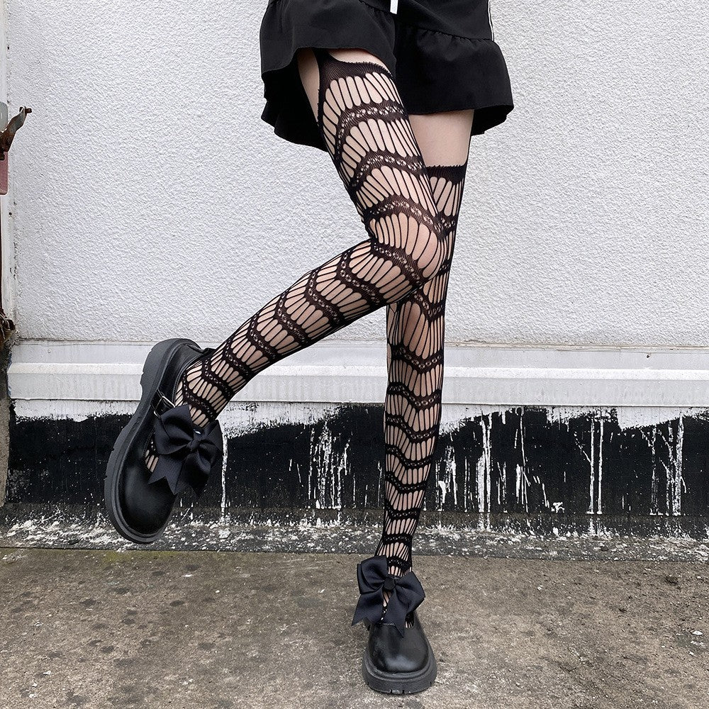 Stocking, Internet Celebrity, Diamond Shaped Lines, Black Silk, Thin Design, Japanese Retro Knee Length Stockings For Women