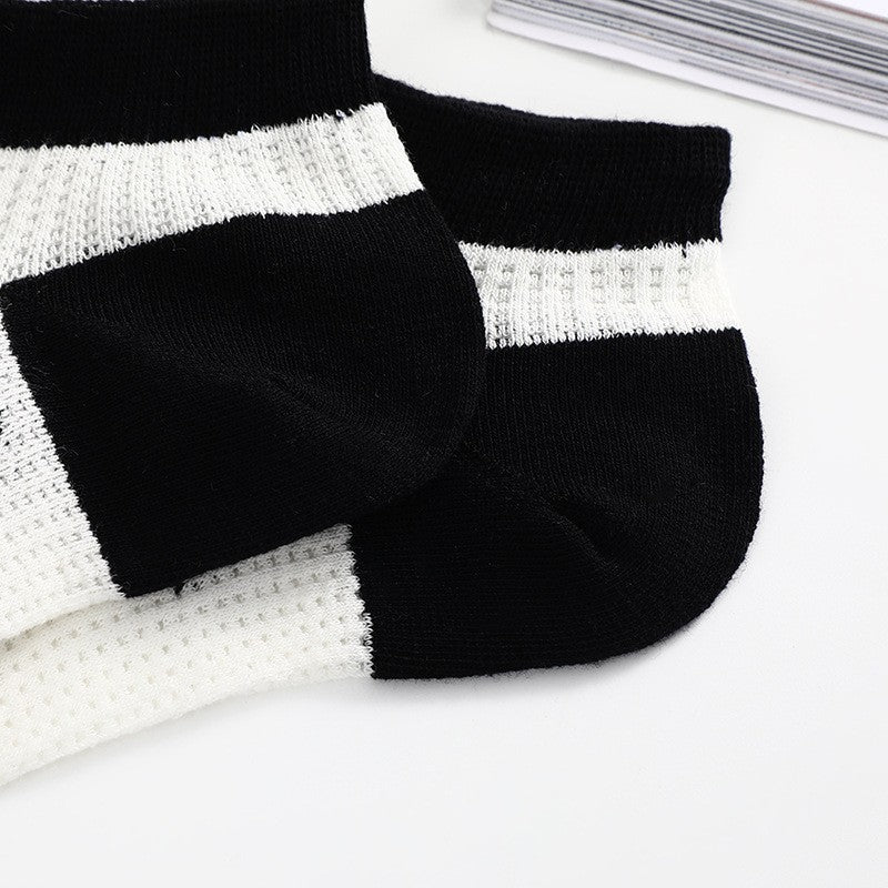5pairs Summer Breathable Mesh Short Socks, Black And White Shallow Mouth Short Socks, Women's Casual Versatile Short Socks