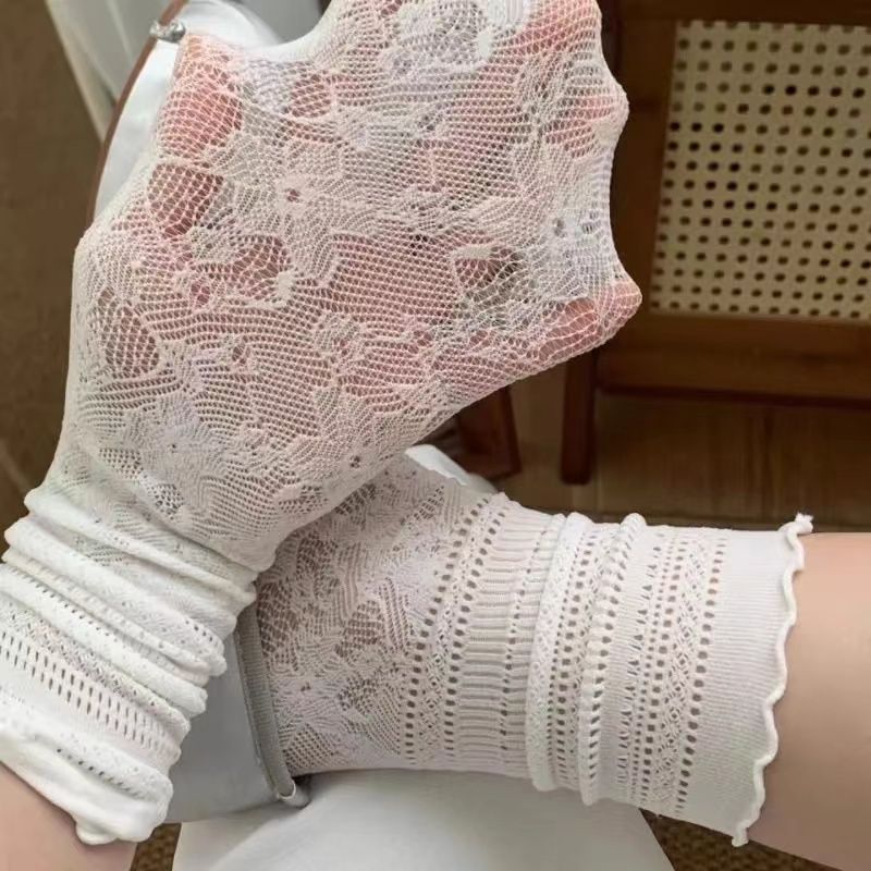 Coquette Floral Lace Mesh Crew Socks, Ruffle Cuff Sheer Slouch Socks, Women's Breathable Casual Socks For Summer & Mary Janes