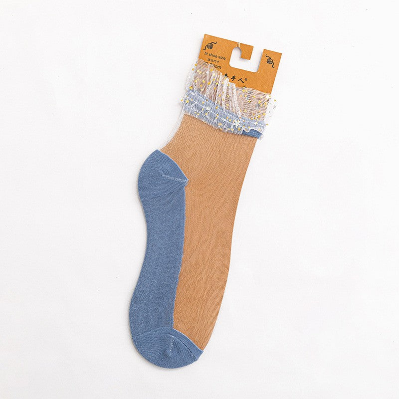Star Chiffon Short Socks For Women, Ultra-thin Transparent Glass Fiber Starry Crystal Socks