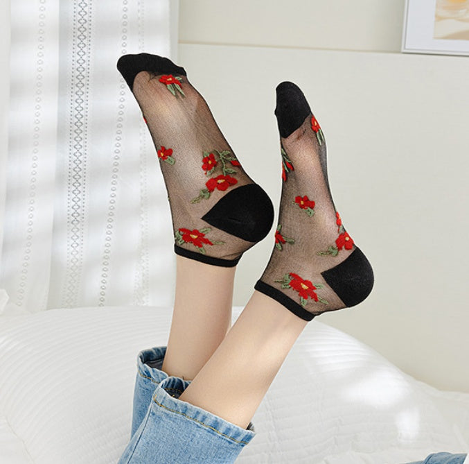 5pairs Spring Summer New Ship Socks Women's Flower Ship Socks Breathable Glass Fiber Ship Socks