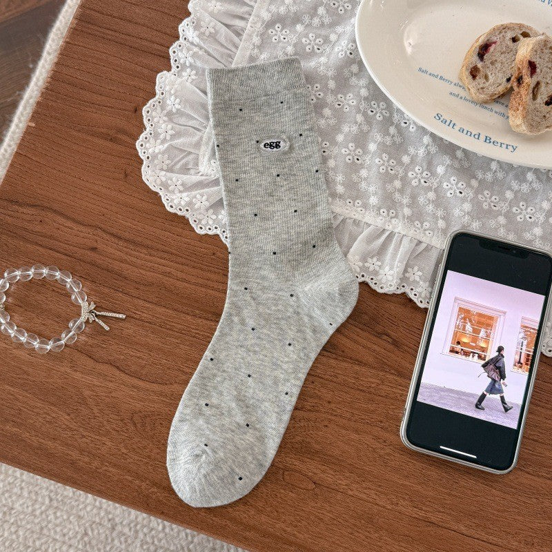 Polka Dot Socks For Children's Spring And Summer Styles, Mid Tube Socks With Egg Letters Embroidery, Long Tube Pile Socks
