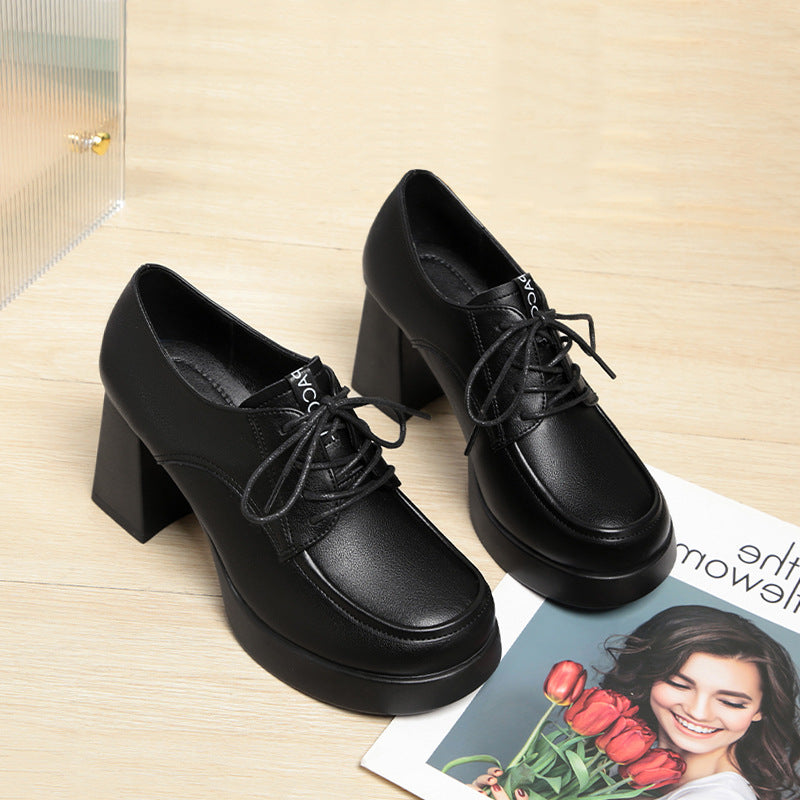 New Spring Autumn Lace-Up Deep-V Shallow-Shoe Soft Leather Chunky Heel Platform Elegant High Heels For Women