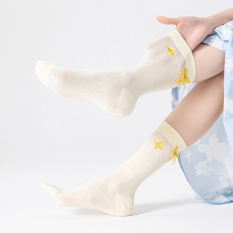 Spring Summer Socks Children's Thin Striped Glass Thread Middle Socks Japanese Fresh Bow