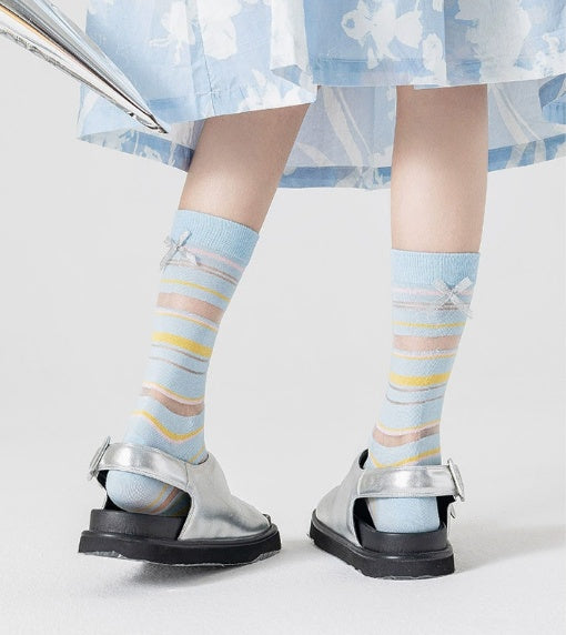 Spring Summer Socks Children's Thin Striped Glass Thread Middle Socks Japanese Fresh Bow