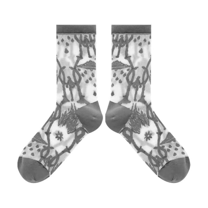 Cass Women's Socks With Spring And Summer Patterns, Lace, Crystal Glass Silk, Lightweight, Breathable, Personalized Trendy Stockings, Women's Summer Thin Version
